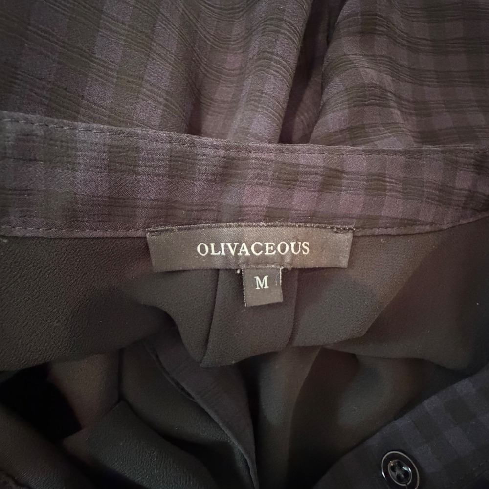 Olivaceous Gingham Button Front Dress Dark Purple Black Bishop Sleeve Medium - Picture 8 of 9